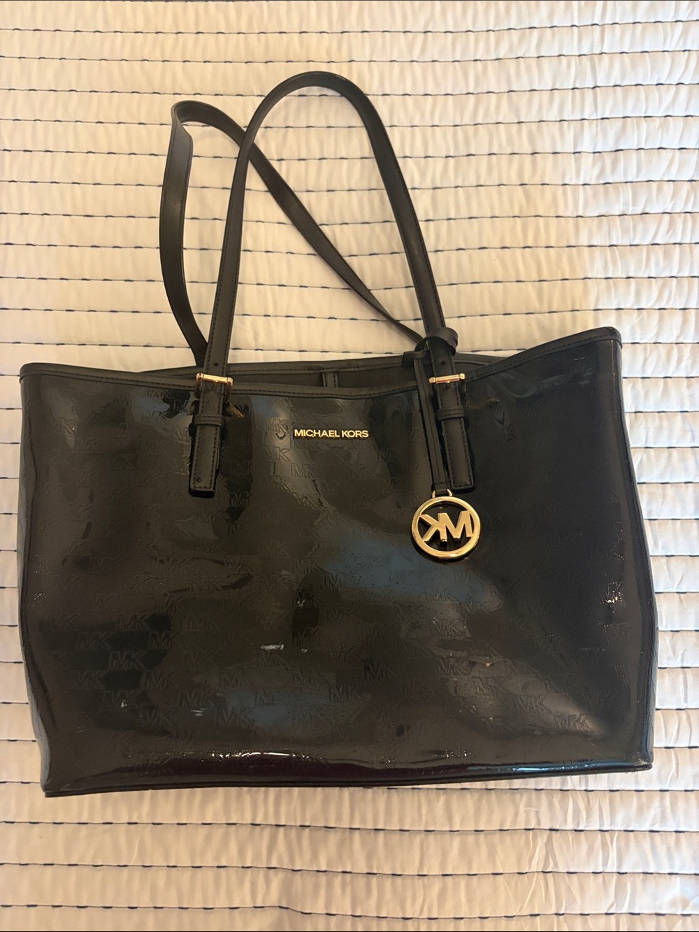 Michael Kors Black Patent Tote with Gold MK Charm